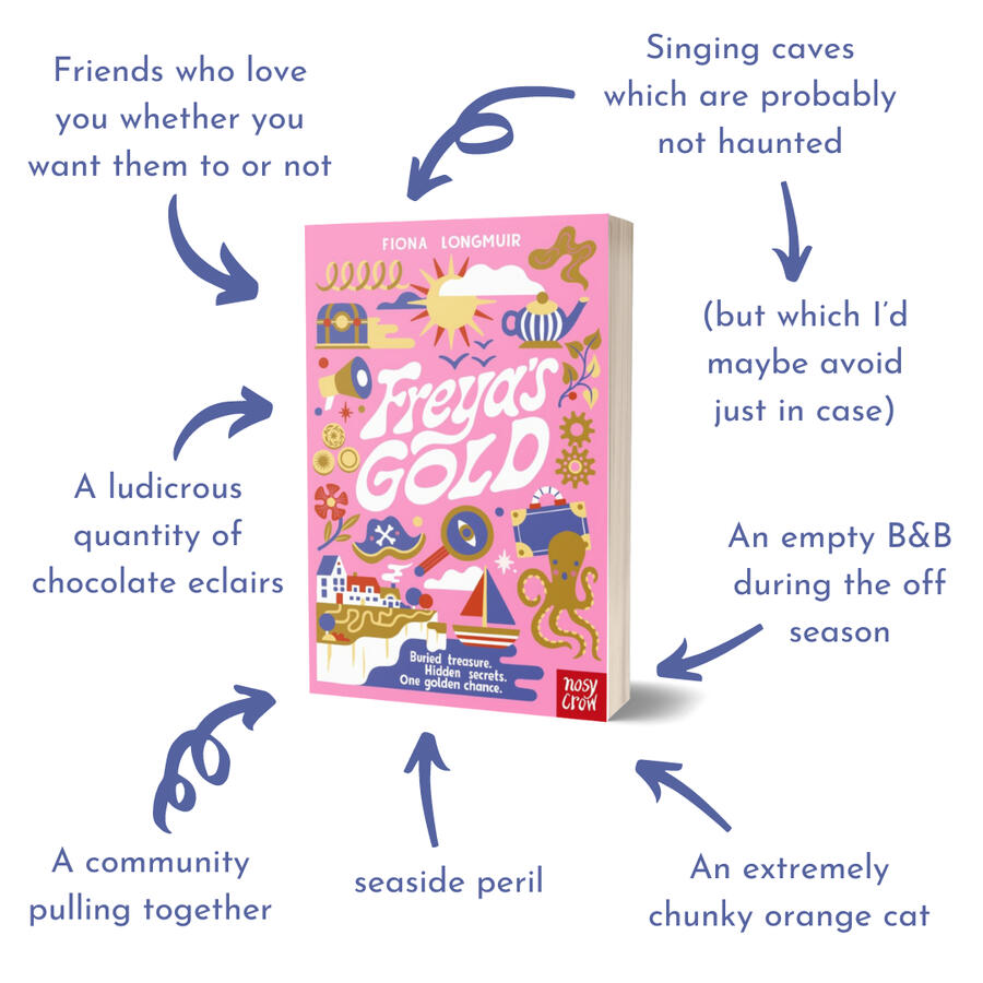 Freya's Gold cover with teaser info: singing caves which are probably not haunted (but which I'd maybe avoid just in case), an empty B&B during the off season, a community pulling together