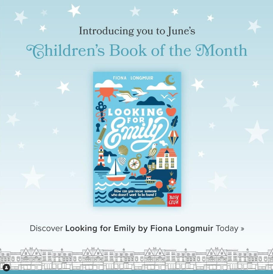 A graphic showing Hive's June Book of the Month, Looking for Emily! The book cover is shown on a pale blue starry background.