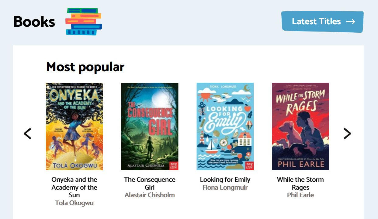 A screengrab from the the ReadingZone website, showing their most popular books: Onyeka and the Academy of the Sun, the Consequence Girl, Looking for Emily and While the Storm Rages.
