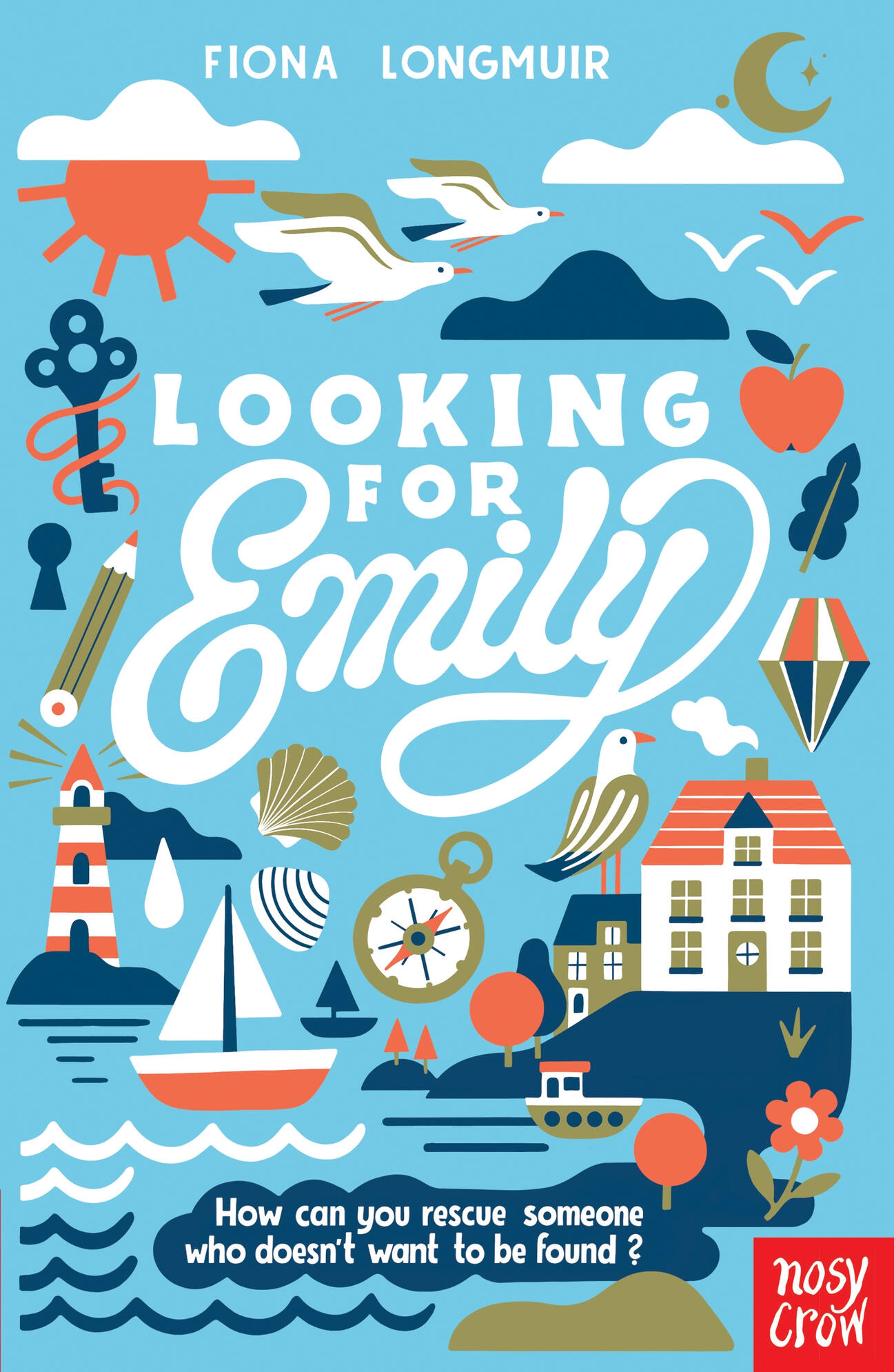 The cover of Looking for Emily. Blue, with icons of the sun, some seagulls, a key, a lighthouse, a boat and a compass.